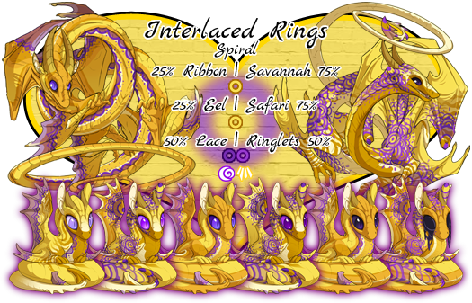 Interlaced Rings. Spiral Breed. Colors will be Yellow Primary, Yellow Secondary and Nightshade or Amethyst Tertiary. Genes will be 25% Ribbon Primary, 75% Savannah Primary, 25% Eel Secondary, 75% Safari Secondary, 50% Lace Tertiary and 50% Ringlets Tertiary. Breeds in Shadow or Light. This pairs colors and genes resemble the Intersex Pride flag