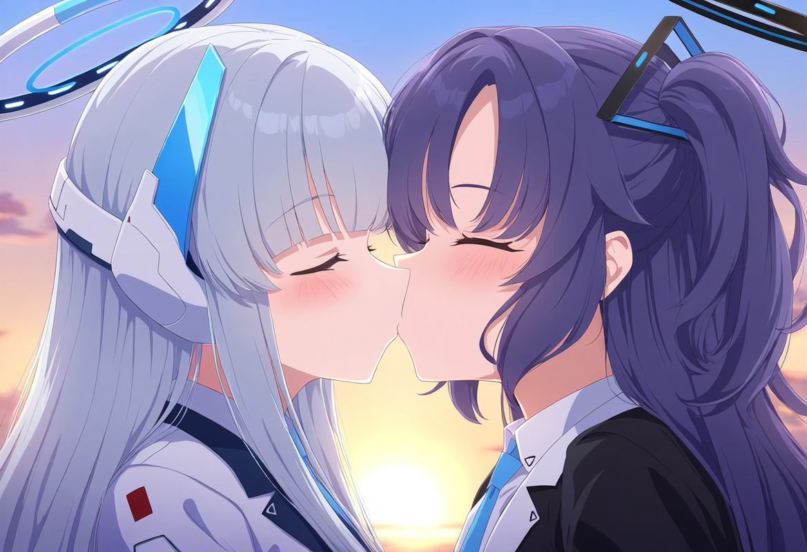 2girls, artistcg, depth of field, shiny skin, blush, upper body, noa (blue archi s-2672203527