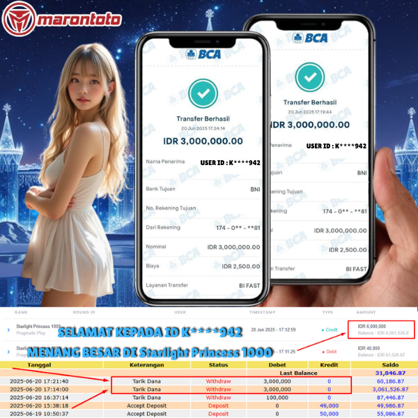  Bukti Kemenangan Member Marontoto Sebesar 6,000,000 JuTa