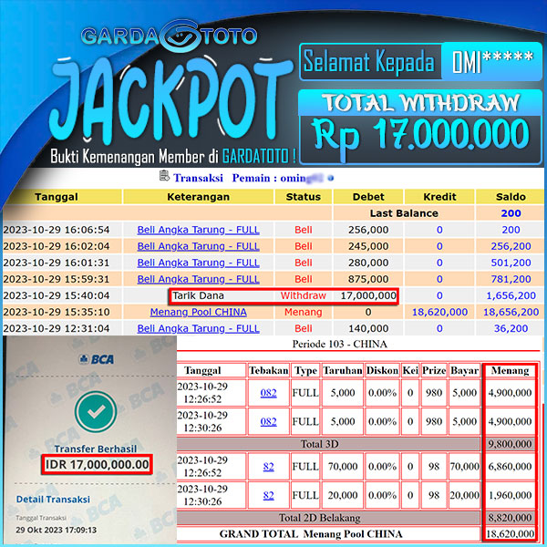 JACKPOT TOGEL PASARAN CHINA 3D 2D  RP 17.000.000,- LUNAS
