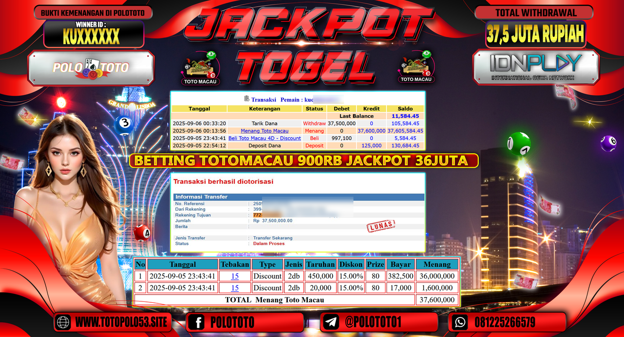 POLOTOTO JACKPOT TOGEL TOTO MACAU Rp.37.500.000,-