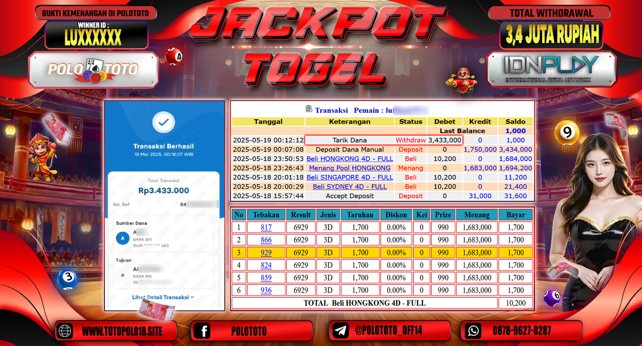 POLOTOTO JACKPOT TOGEL HONGKONG LOTTO Rp.3.433.000,-