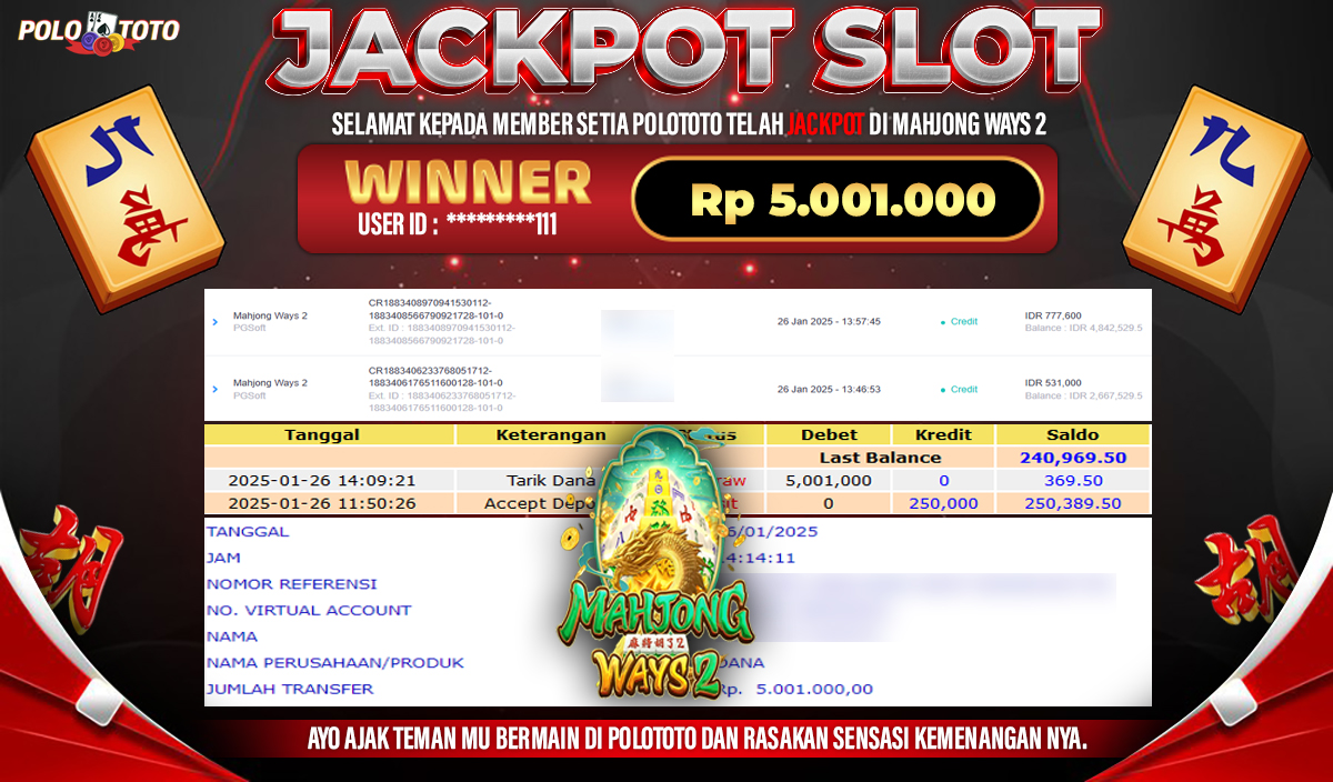 POLOTOTO JACKPOT SLOT MAHJONG WAYS 2 Rp.5,001.000,-