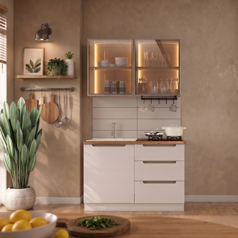 Hera 120 cm Mutfak Dolabı Seti %100 MDF Ledli Çekmeceli Lavabolu Mutfak Dolabı Takımı 4 Modül Tezgah Dahil Bej