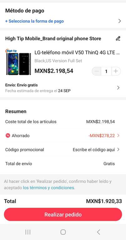 AliExpress: Celular LG V50 THINQ 4G REACONDICIONADO SNAPDRADON 855 6/128GB BLACK