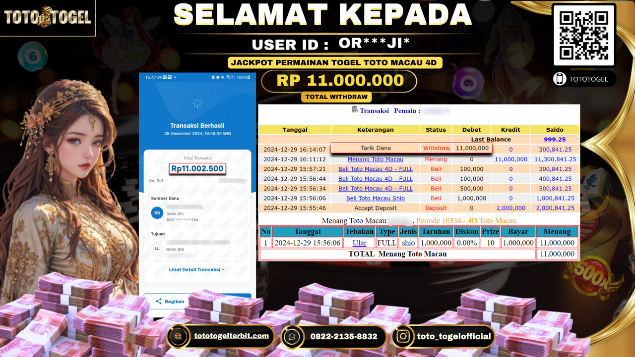 Bukti Pembayaran Jackpot  Permainan Togel Toto Macau 4D  : OR***JI* LUNAS