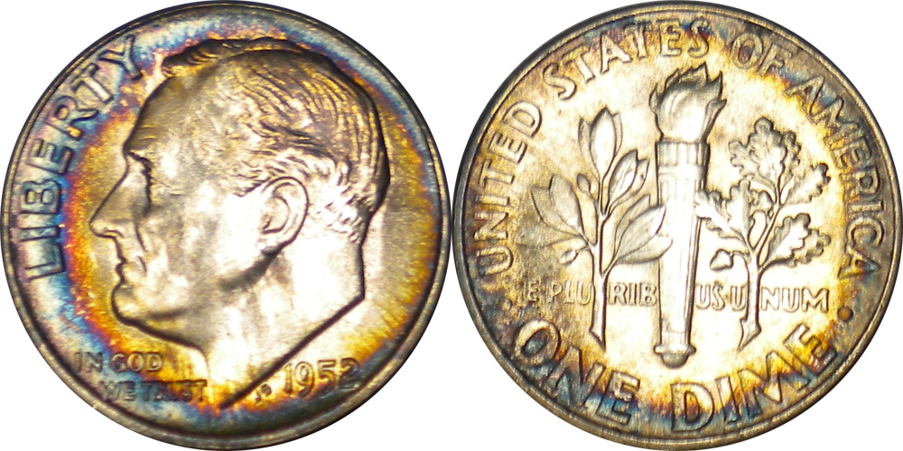 1952 MS 66 CRESCENT RAINBOW TONED 10C