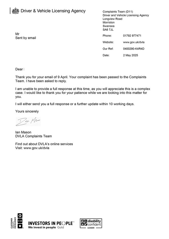 0400290-K4R4D - reply from 2nd complaint dvla - more time needed