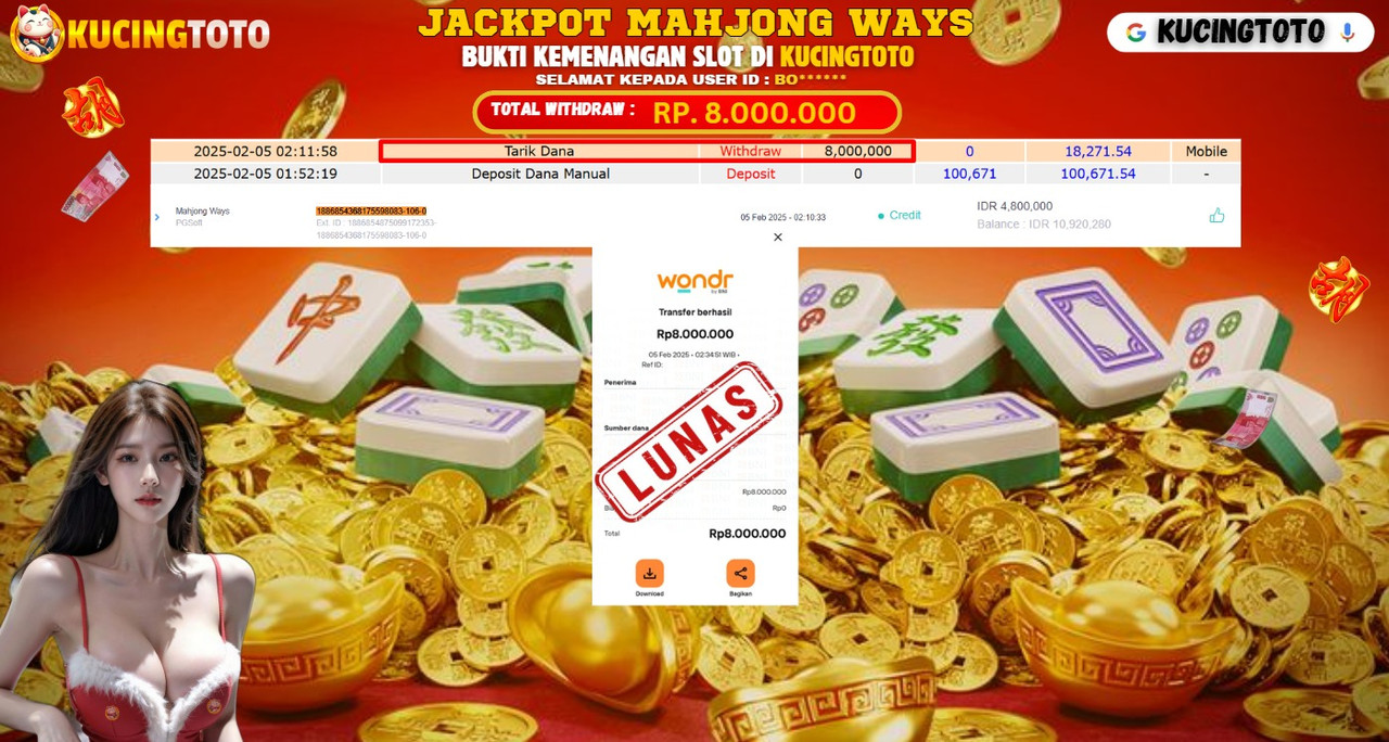 KUCINGTOTO JACKPOT SLOT MAHJONG WAYS RP.8.000.000.,- LUNAS