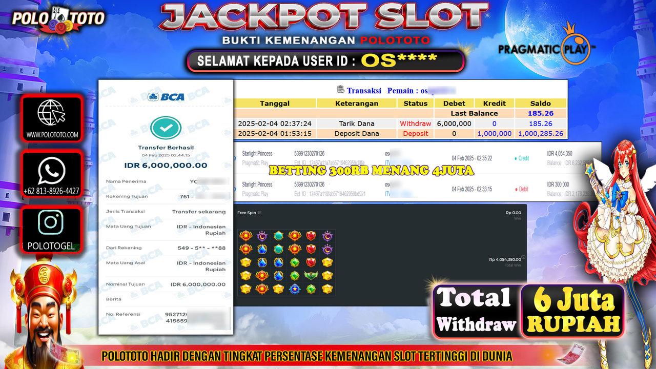 POLOTOTO JACKPOT SLOT STARLIGHT PRINCESS Rp.6,000.000,-