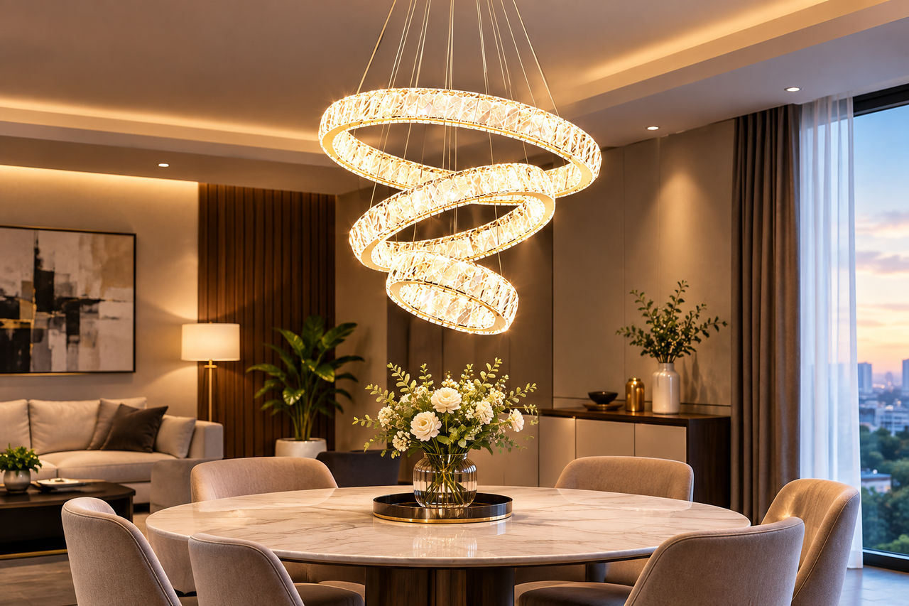 Modern crystal spiral LED pendant light above a dining table