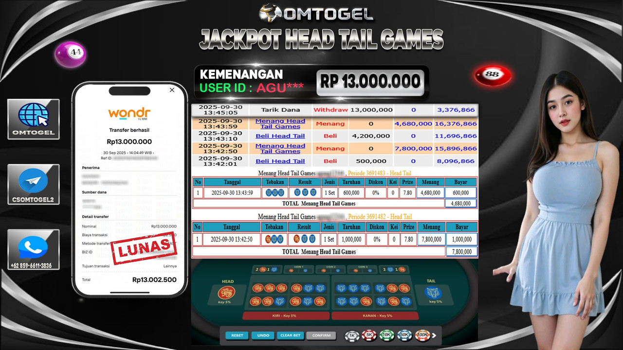 OMTOGEL JACKPOT LIVE GAMES HEAD TAIL 13 JUTA DI BAYAR LUNAS ,-
