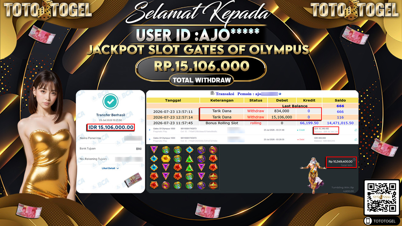Bukti Pembayaran Jackpot SLOT GATES OF OLYMPUS  ID:YOU****LUNAS