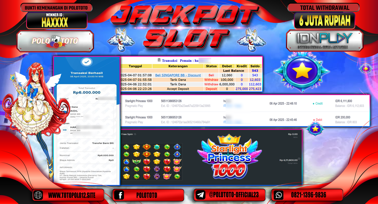 POLOTOTO JACKPOT SLOT STARLIGHT PRINCESS 1000  Rp.6.000.000,- LUNAS