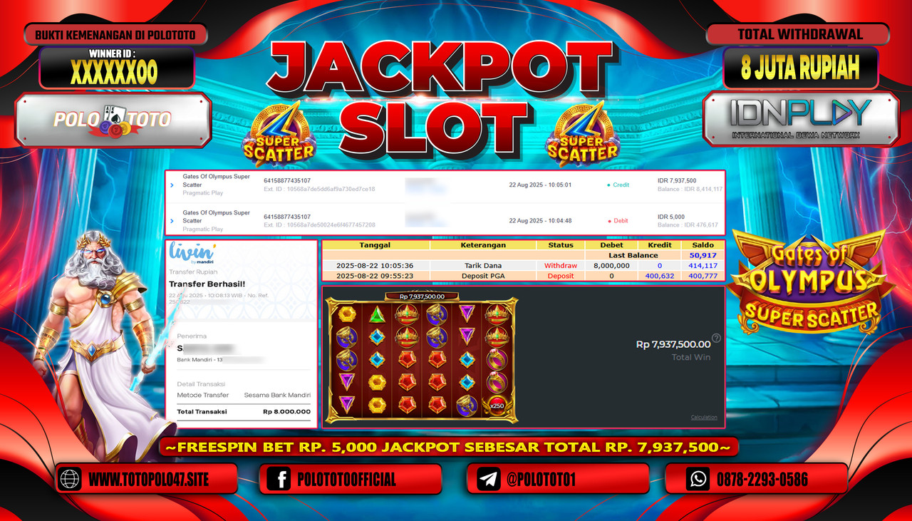 POLOTOTO JACKPOT SLOT GATES OF OLYMPUS SUPER SCATTER Rp.8.000.000,- LUNAS