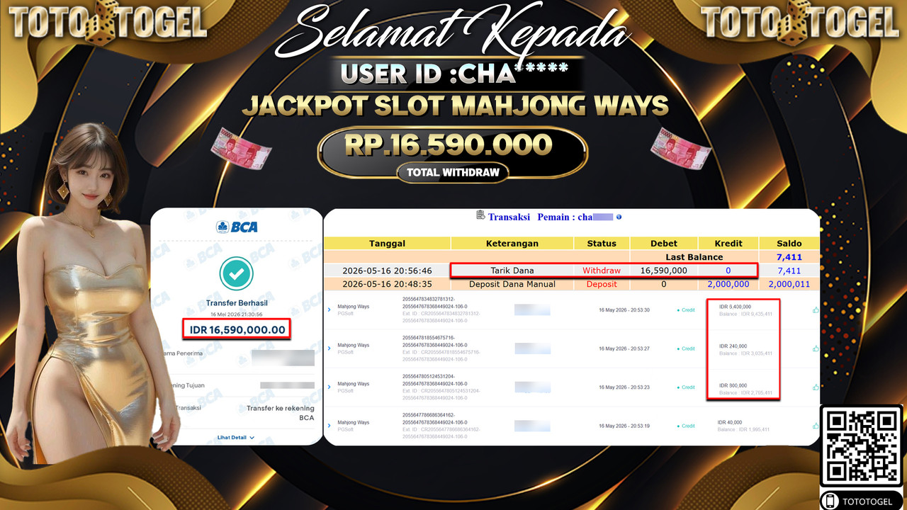 Bukti Pembayaran Jackpot Permainan Slot Mahjong Ways ID:CHA***** LUNAS