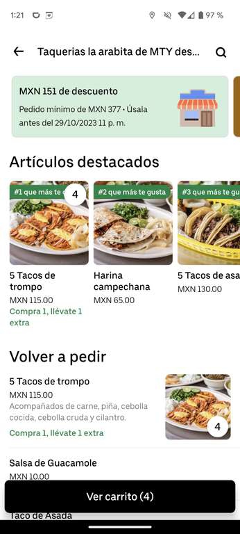 Uber eats: 20 tacos de trompo a 79 pesos en taquería la arabita en MTY