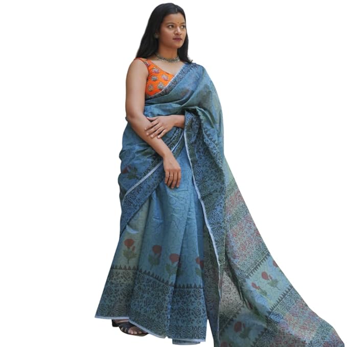 Hand Block Printed Blue Saree with Rose Motifs