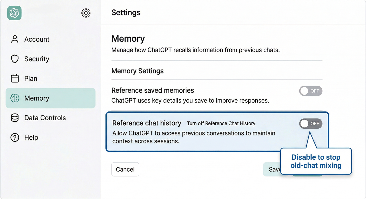 ChatGPT Settings Memory panel — disable Reference Chat History to stop context bleeding