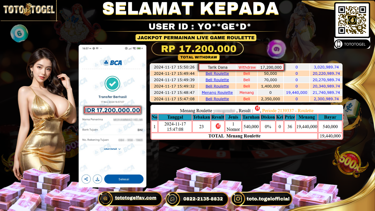 Bukti Pembayaran Jackpot Permainan Live Game Roulette ID: YO**GE*D* LUNAS 
