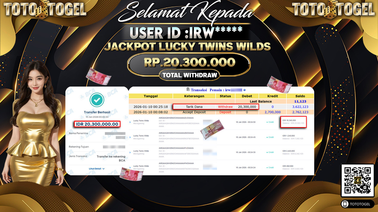 Bukti Pembayaran Jackpot Permainan Slot Lucky Twins Wilds  ID:IRW**** LUNAS