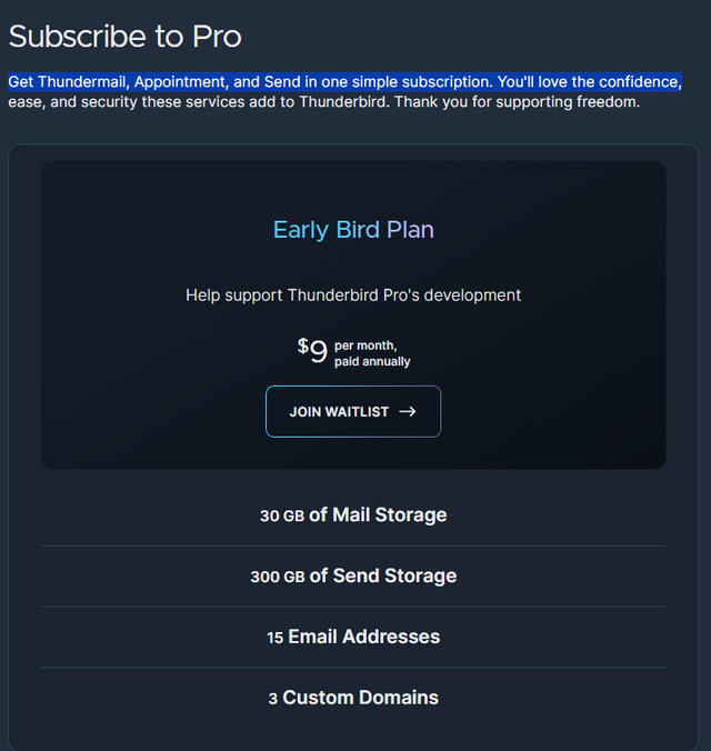 Thunderbird Pro Abo-Preise