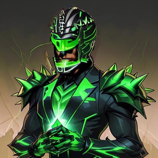 A male supervillain wearing glowing green armor