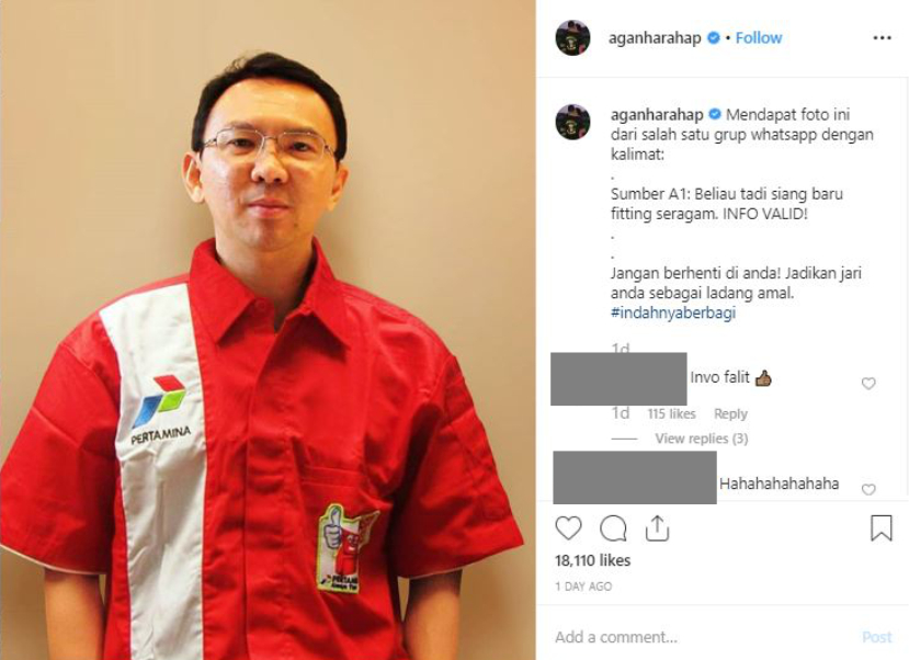 Unggahan foto Ahok berseragam Pertamina
