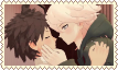 A stamp of MMD models of Hajime Hinata And Komaeda Nagito Holding eachother gently about to kiss.