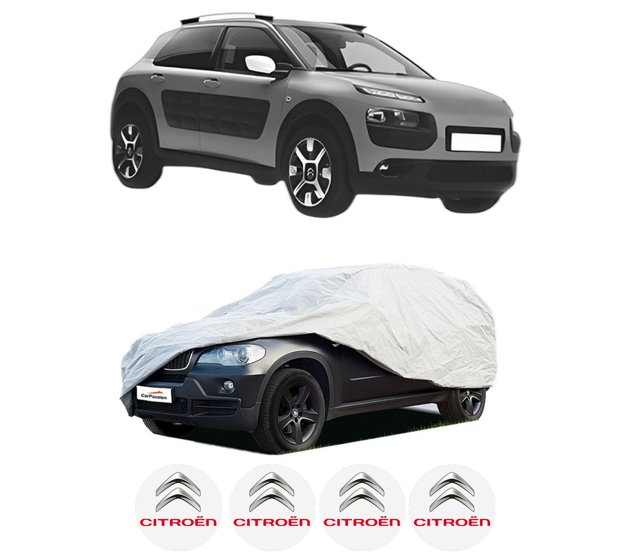 Husa tip prelata auto pentru CITROEN C4 CACTUS din 2014-2018, Culoare Gri, material textil impermeabil, rezistanta la intemperii praf UV, CARPASSION Husa Protectie, 4 Stickere auto cu CITROEN