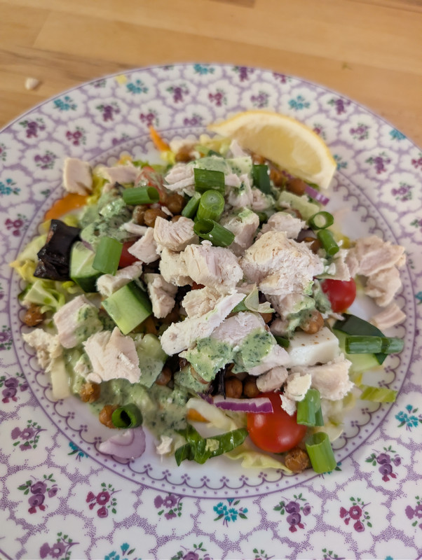 High-Protein Basil Chicken Salad (or Halloumi) with Crispy Chickpeas and Sweet Potato