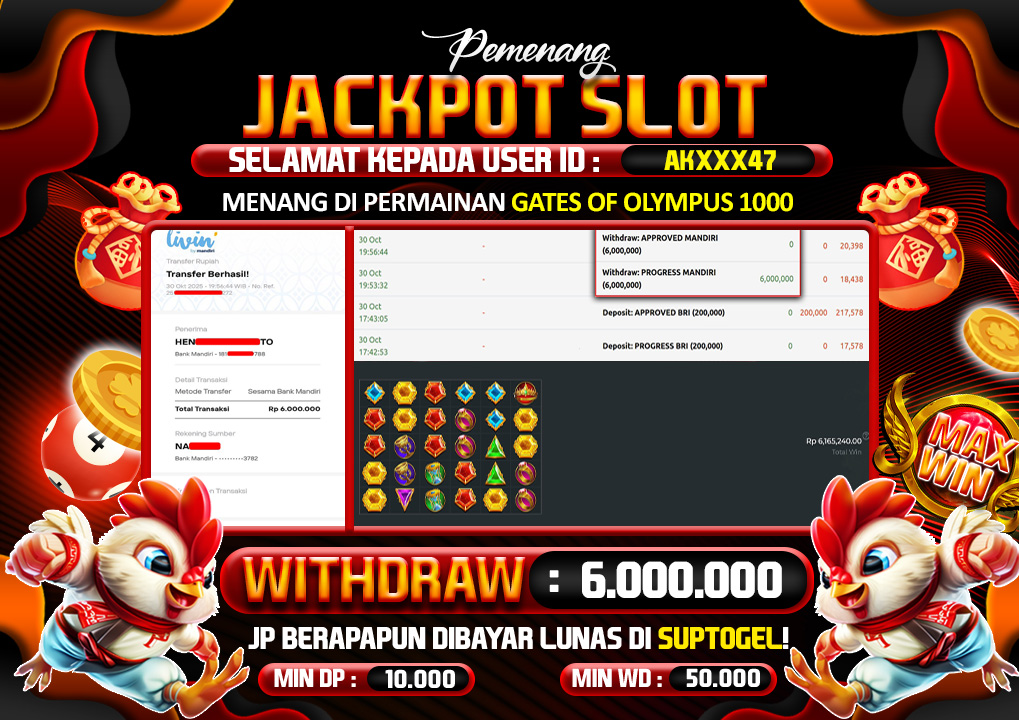  BUKTI KEMENANGAN 30 OCTOBER 2025 MENANG SLOT GATES OF OLYMPUS 1000 6JT