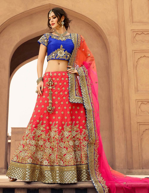8) Long lehenga bottom with contrast choli