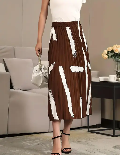Skirt For Women | Brush Print Pleated Skirts, Vintage Elastic Waist Midi Skirts, Women's Clothing(Premium Quality) Color5 (R230)