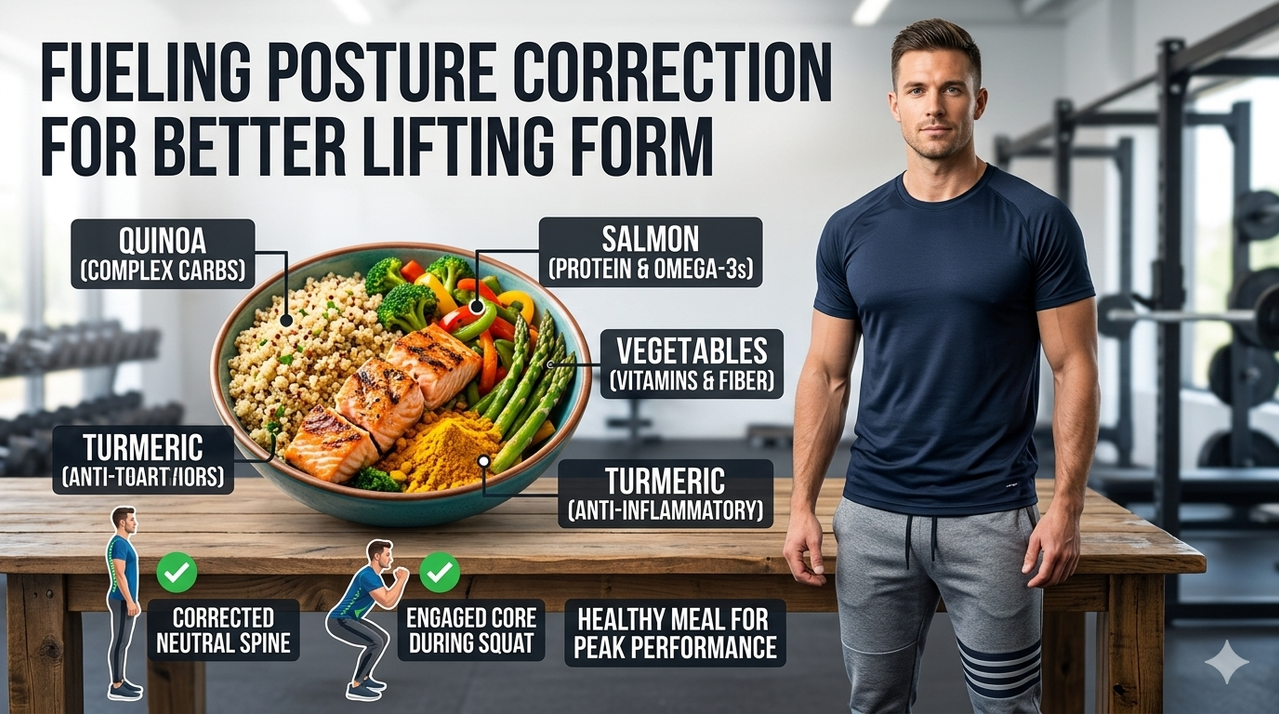 Bowl of quinoa, salmon, and vegetables with turmeric for how to correct your posture for better lifting form