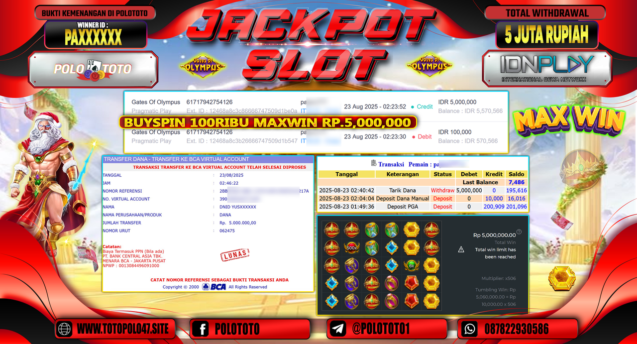 POLOTOTO JACKPOT SLOT GATES OF OLYMPUS Rp.5.000.000,-
