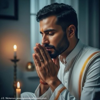 A man with a beard and dark hair, eyes closed, whispers a prayer with clasped hands. He wears a white kurta in a dimly lit room with a flickering candle, conveying a sense of peace and reverence.
