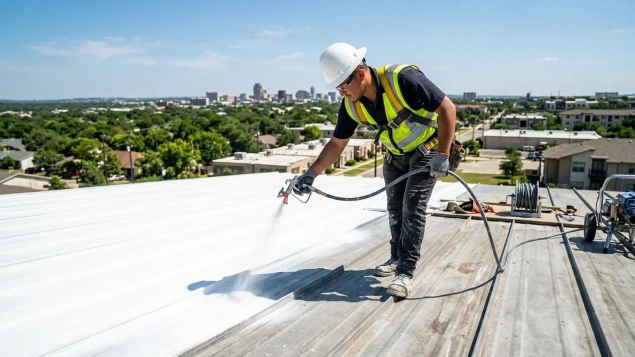 Professional contractor applying elastomeric coating to metal roof San Antonio