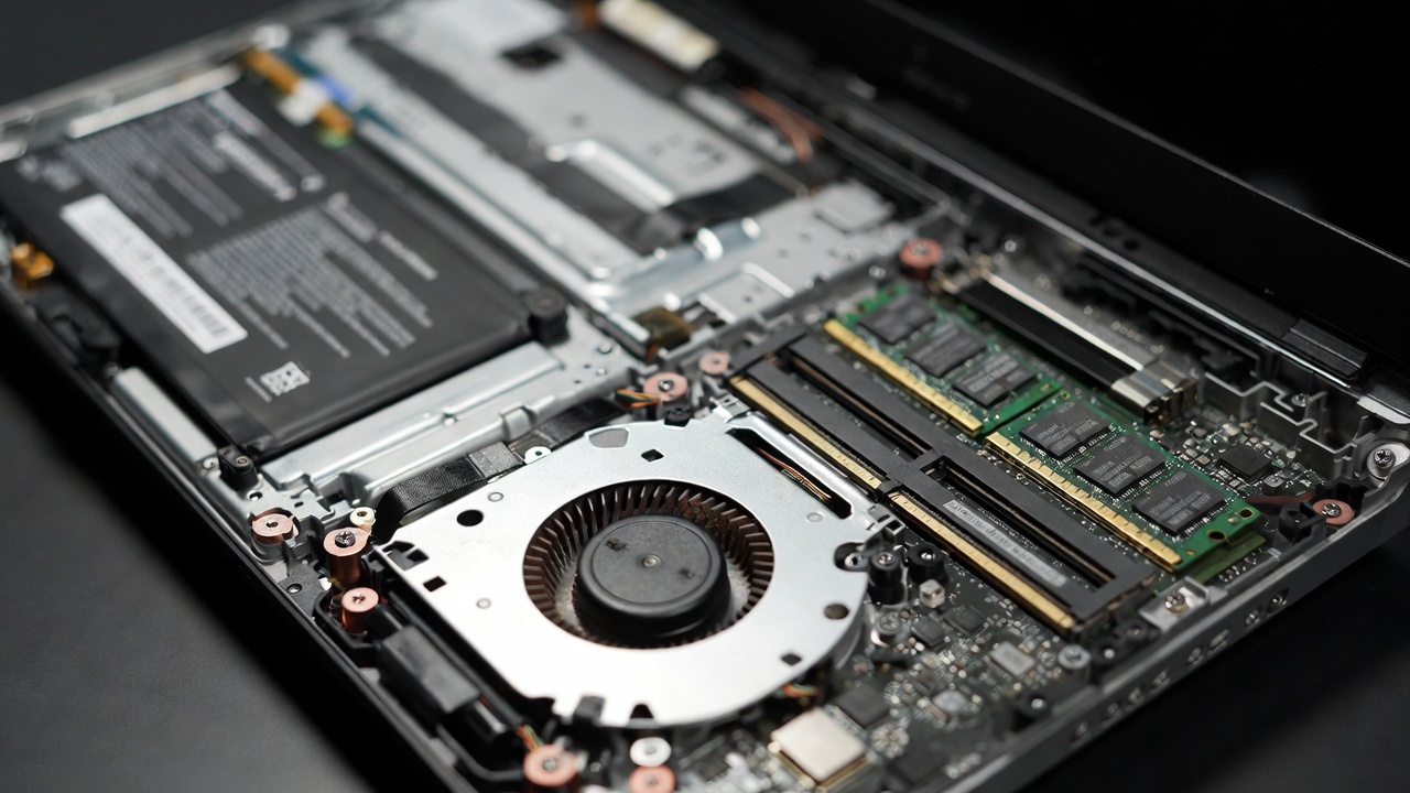 Close up of laptop internal components showing battery, fan, and RAM slots