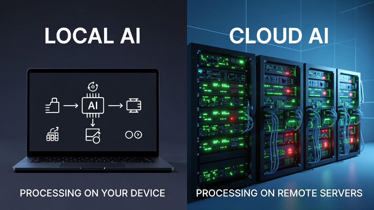Side-by-side comparison graphic showing local AI processing on a laptop versus cloud-based AI servers