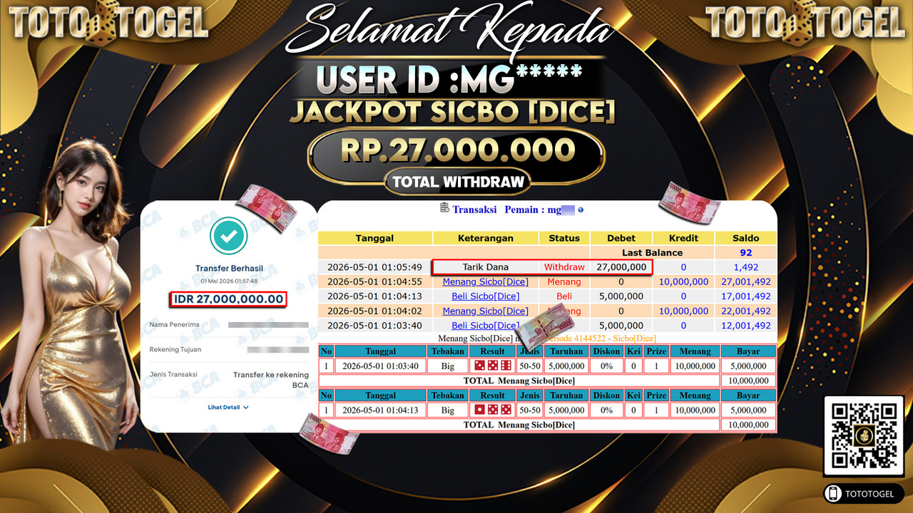 Bukti Pembayaran Jackpot Permainan Live Game Sicbo [Dice] ID:MG*****LUNAS