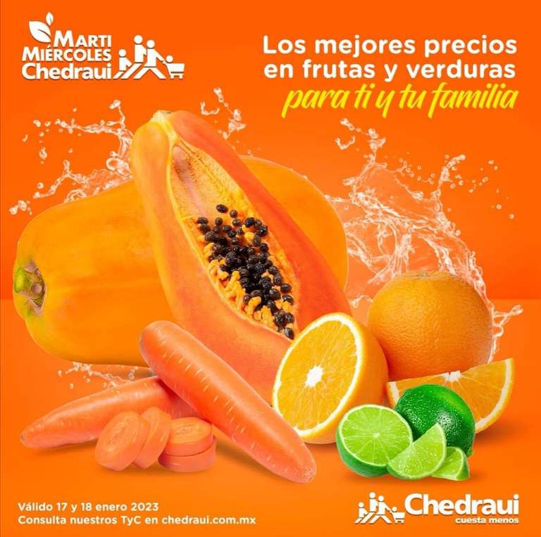 Chedraui: MartiMiércoles de Chedraui 17 y 18 Enero: Naranja ó Zanahoria $9.50 kg • Papaya ó Limón sin Semilla $16.90 kg 
