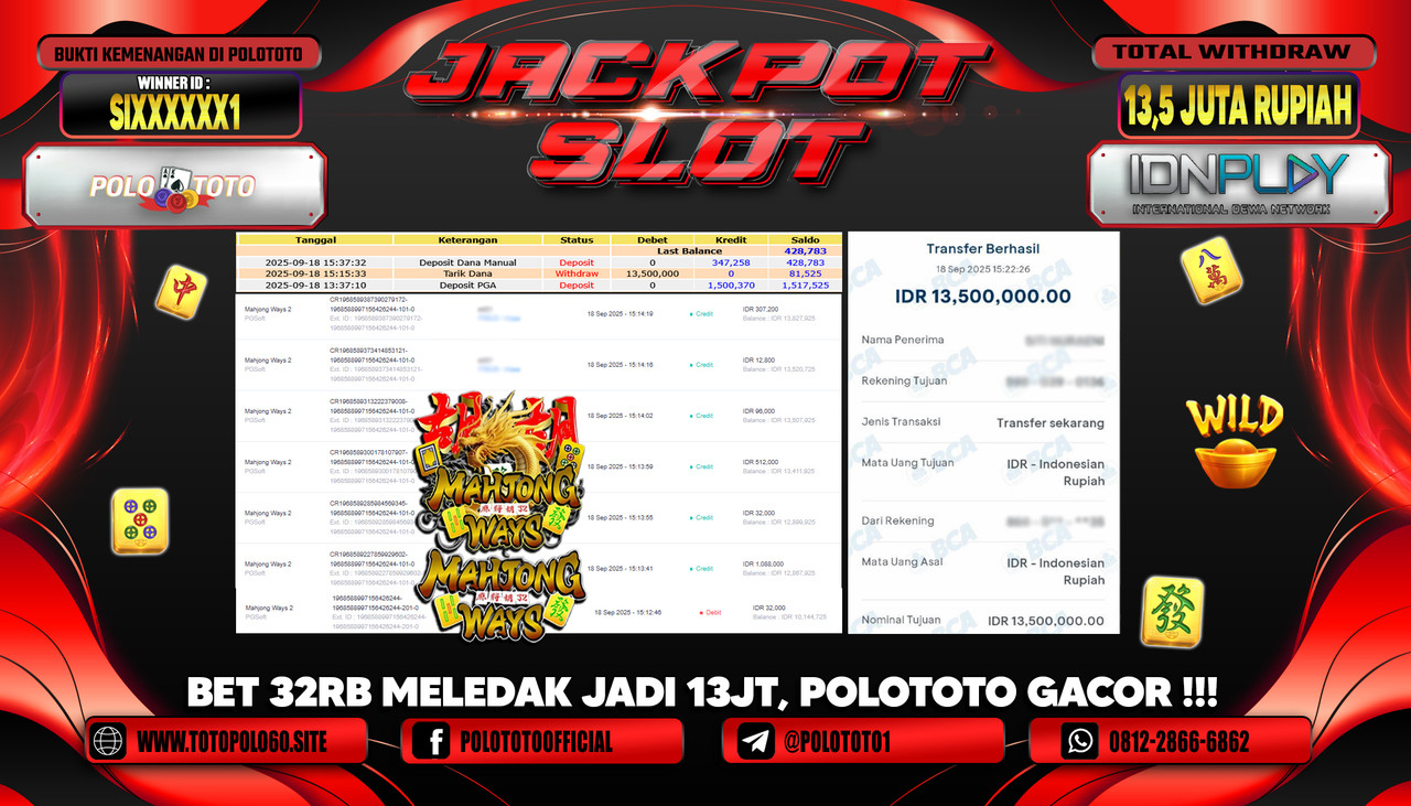 POLOTOTO JACKPOT SLOT MAHJONG WAYS 2 Rp.13.500.000,- LUNAS