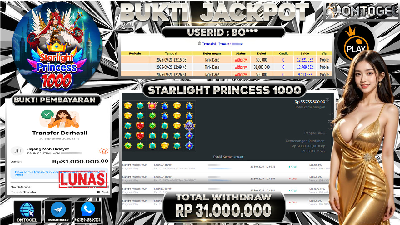 OMTOGEL JACKPOT PRAGMATIC PLAY STARLIGHT PRINCESS 1000 31 JUTA DI BAYAR LUNAS ,-