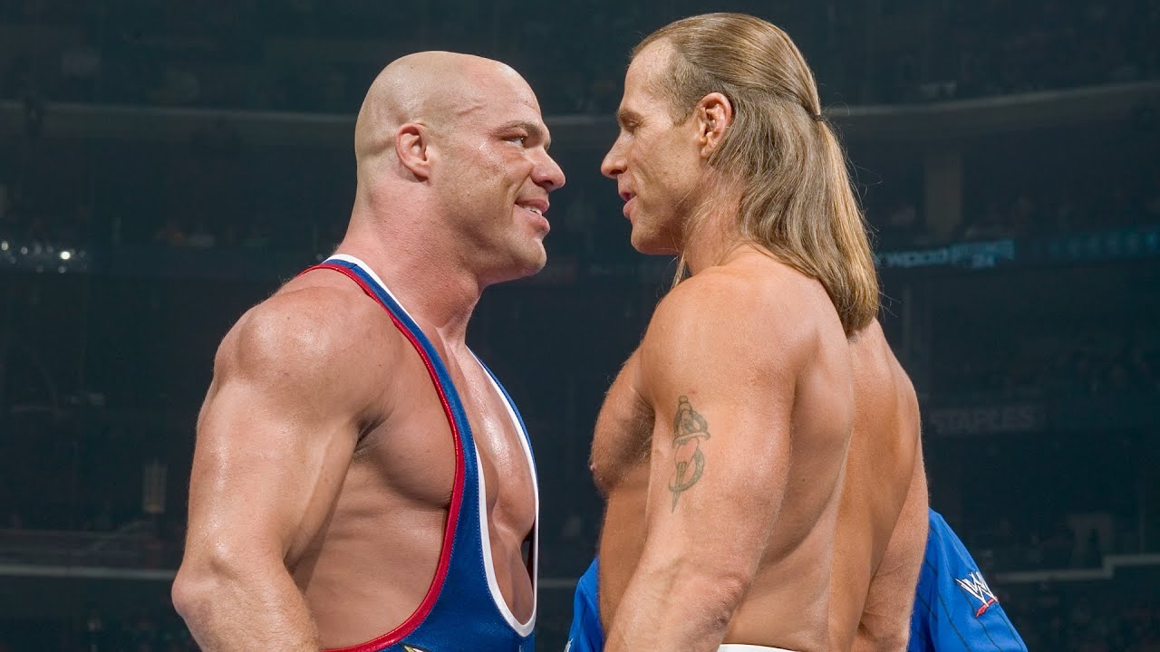Kurt Angle in a fight against Shawn Michaels