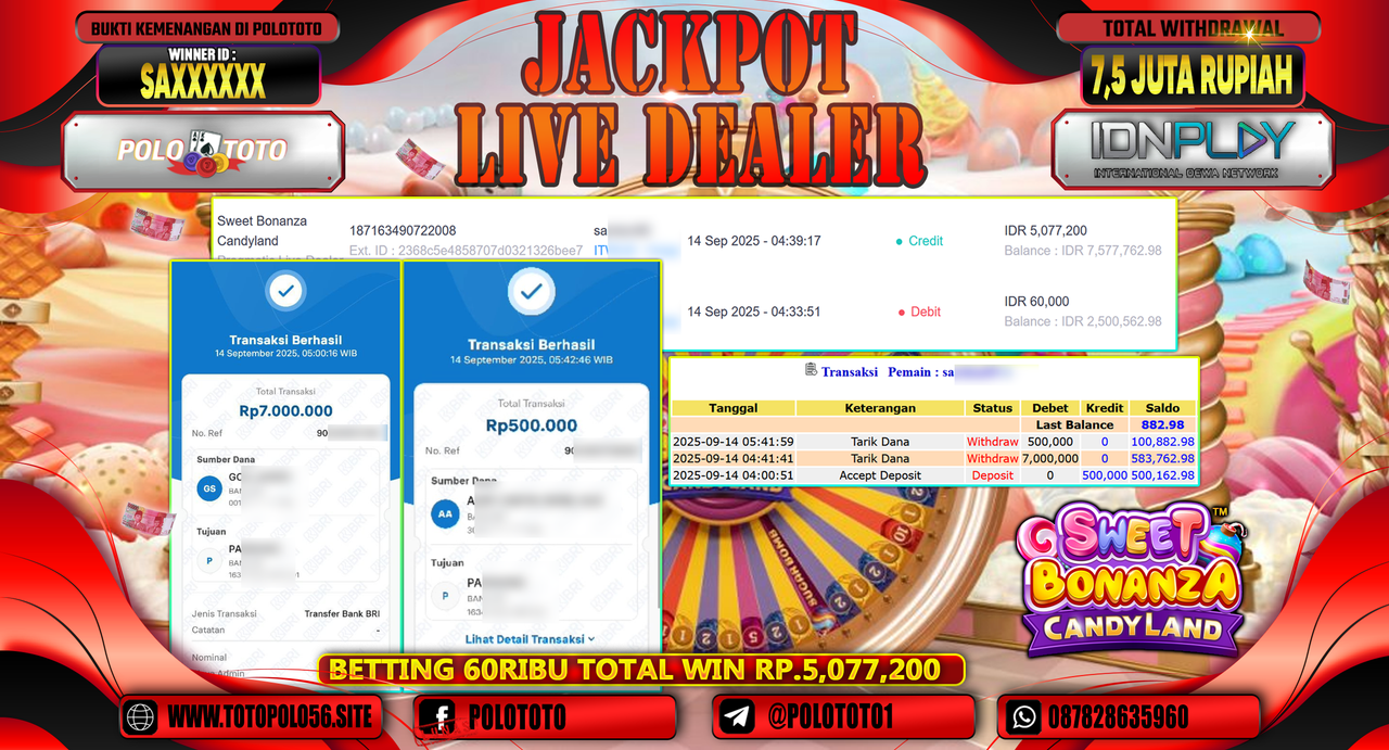 POLOTOTO JACKPOT SLOT SWEET BONANZA CANDYLAND Rp.7.500.000,-