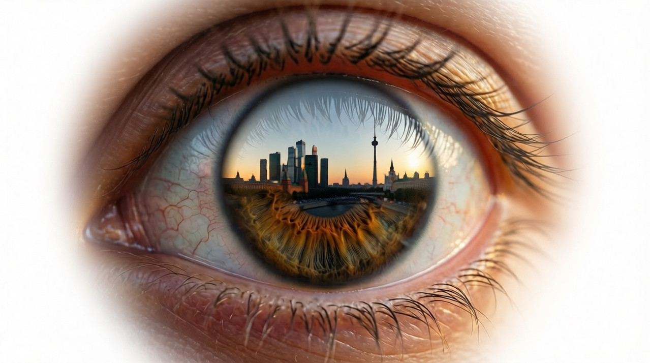 Чёткий взгляд человека с идеальным зрением на фоне Москвы — символ восстановления зрения без очков и контактных линз.