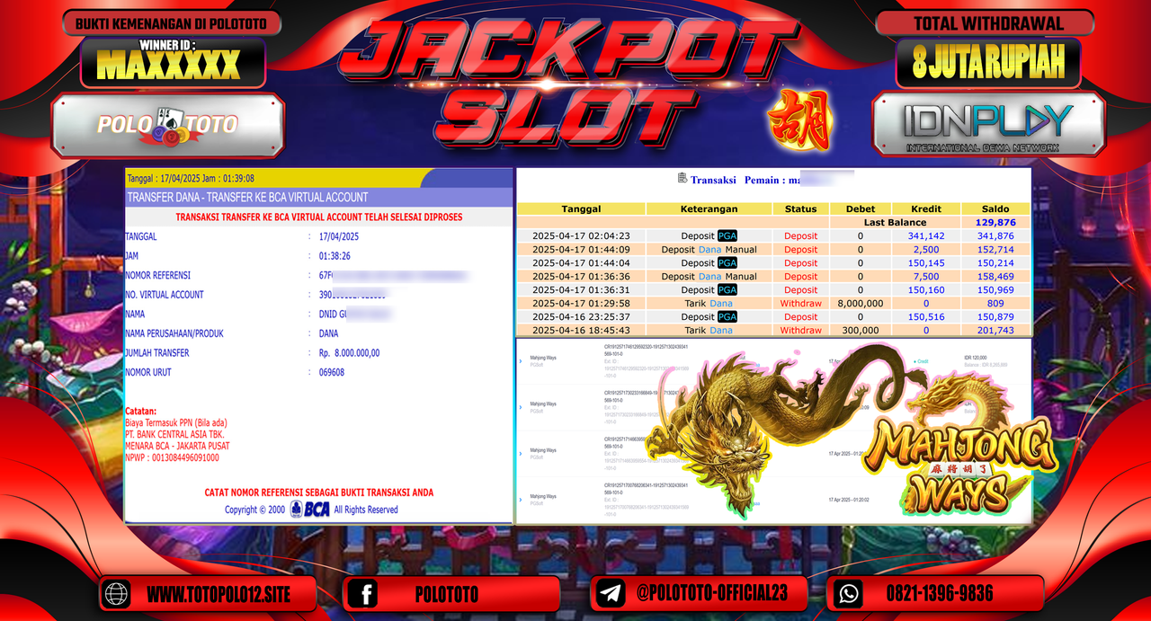 POLOTOTO JACKPOT SLOT MAHJONG WAYS Rp.8.000.000,-