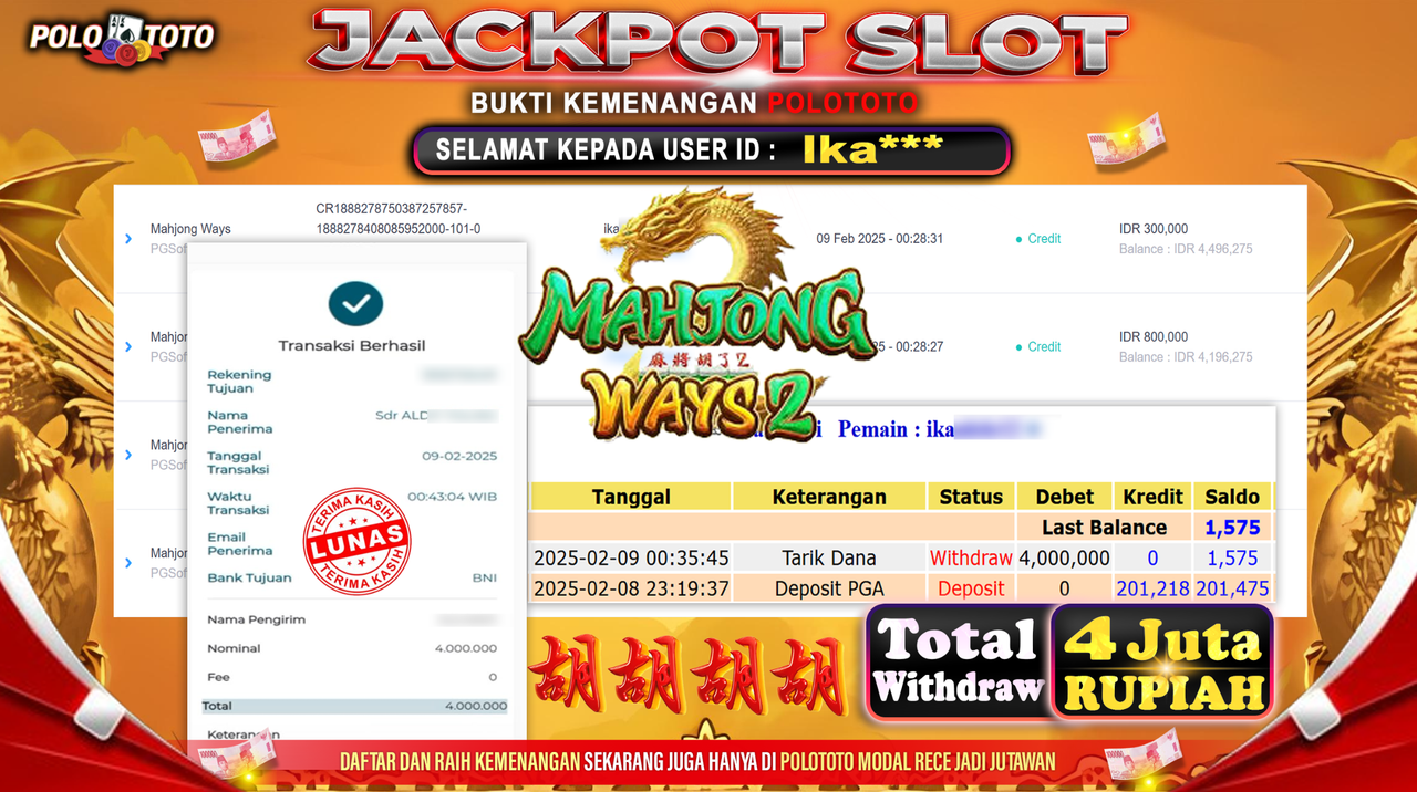 POLOTOTO JACKPOT SLOT MAHJONG WAYS 2 Rp.4,000.000,-