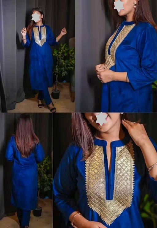Women's Woolen Velvet Kurta and Pant Set | Winter Wear | Warm Velvet Ethnic Outfit | V-Neck Embroidery Lace Work Design | Blue Colour Color 1 (KS129)
